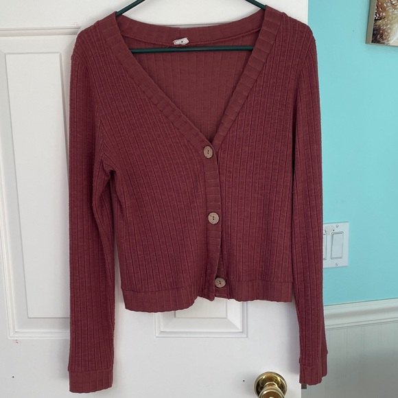 Sundays Ribbed Cardigan - Deep Red - Picture 1 of 8